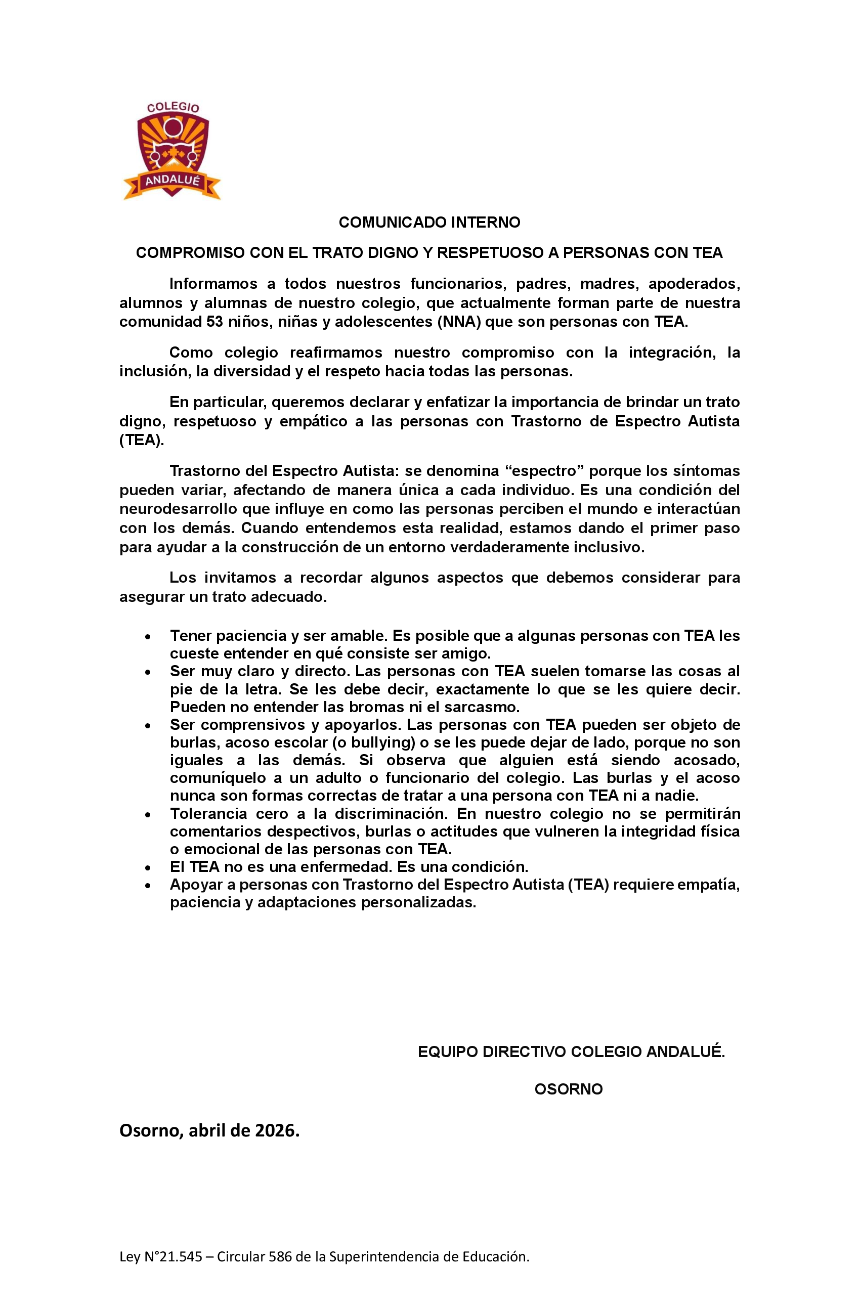 COMUNICADO INTERNO  TEA 1