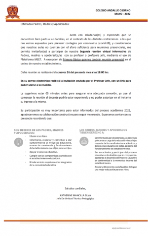 COMUNICADO DE 2da REUNI&Oacute;N DE PADRES, MADRES Y APODERADOS
