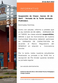 SUSPENSI&Oacute;N DE CLASES - JUEVES 28 DE ABRIL - JORNADA DE LA TARDE